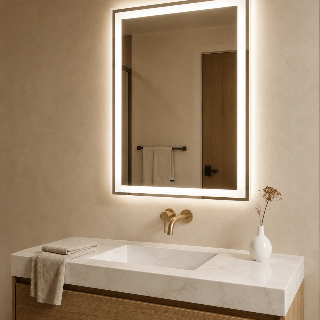 Claris MORENO 24 by 32 inch backlit LED bathroom mirror with frosted frame, Radiance Collection