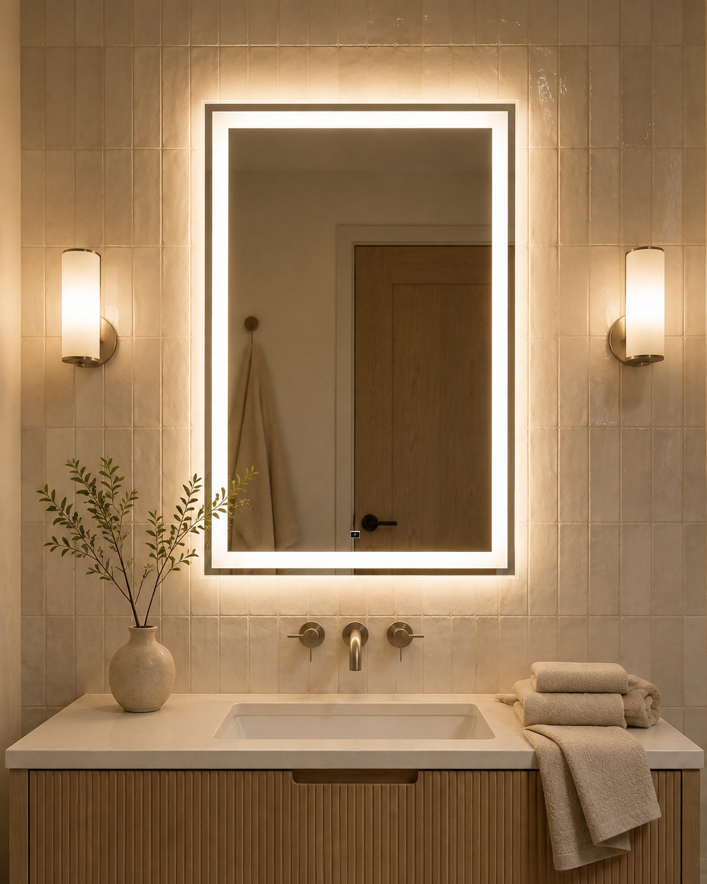 Claris MORENO LED mirror, zellige bath, evening, Radiance Collection
