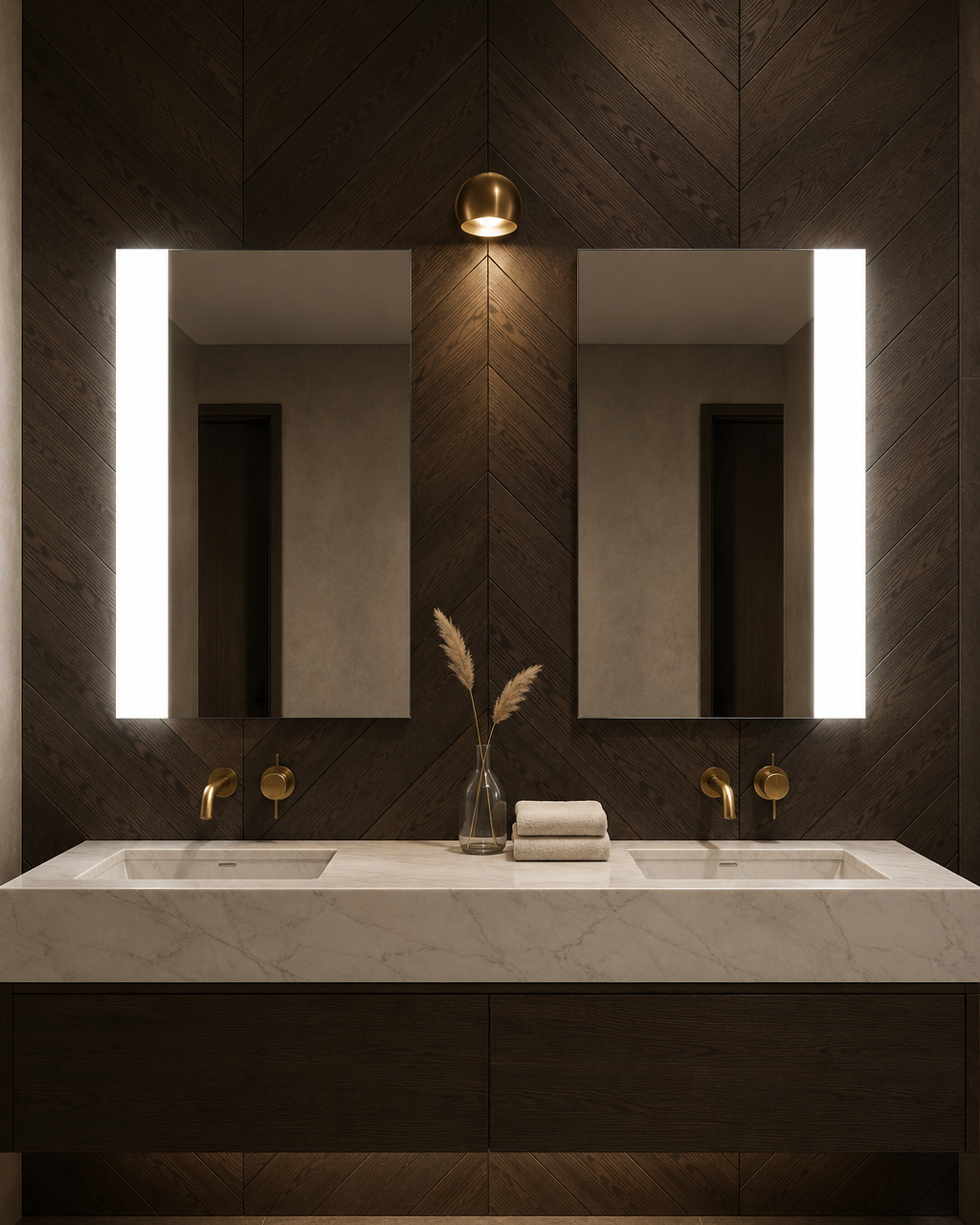 Claris NANO LED mirror, fumed oak chevron bath, Radiance Collection