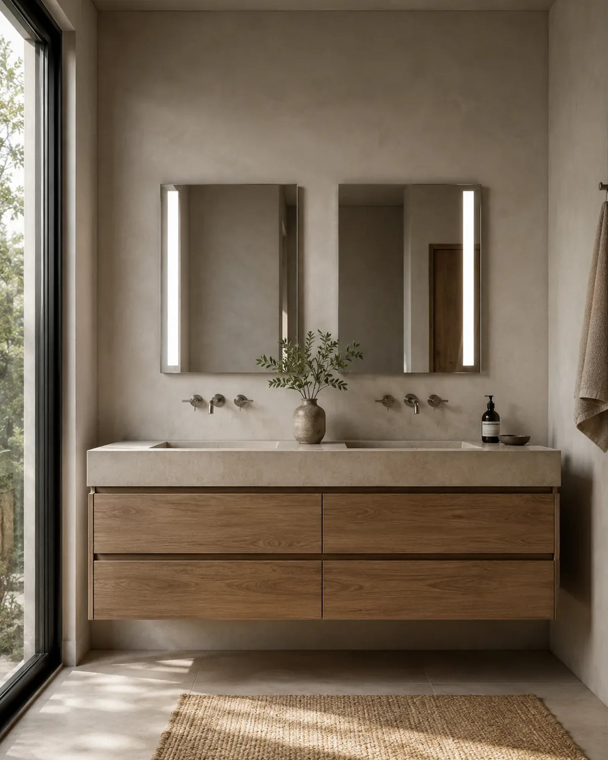 Claris NORMA side-lit LED bathroom mirrors over a double vanity, Concept Studio