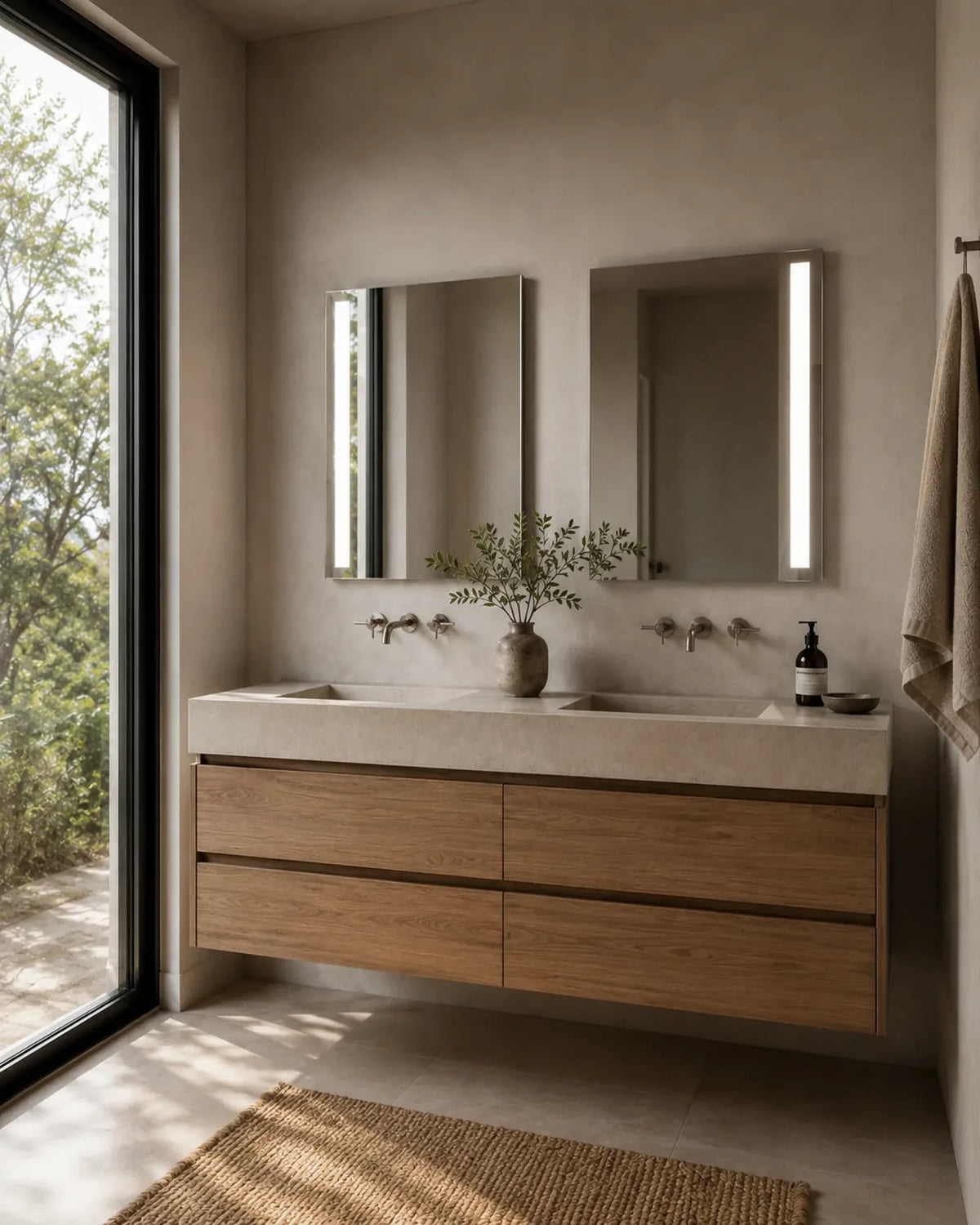 Claris NORMA side-lit LED bathroom mirrors over a double vanity, view 2, Concept Studio