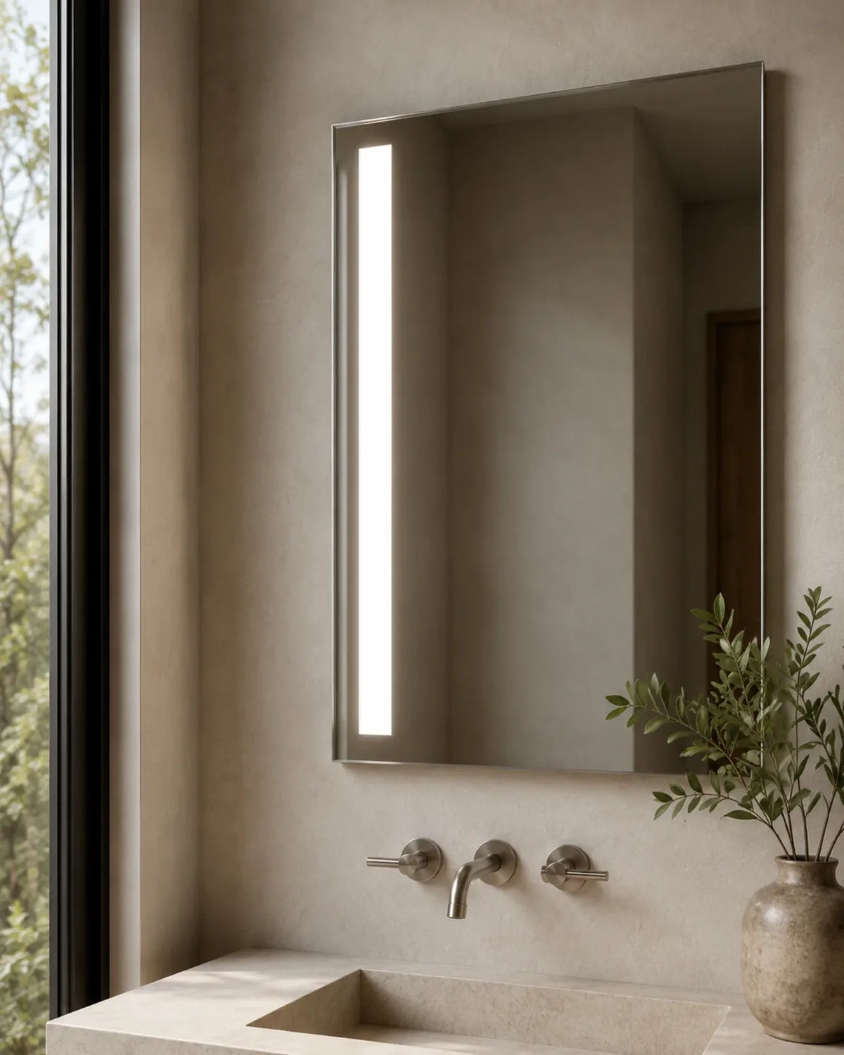 Claris NORMA side-lit LED bathroom mirror over a single vanity, Concept Studio
