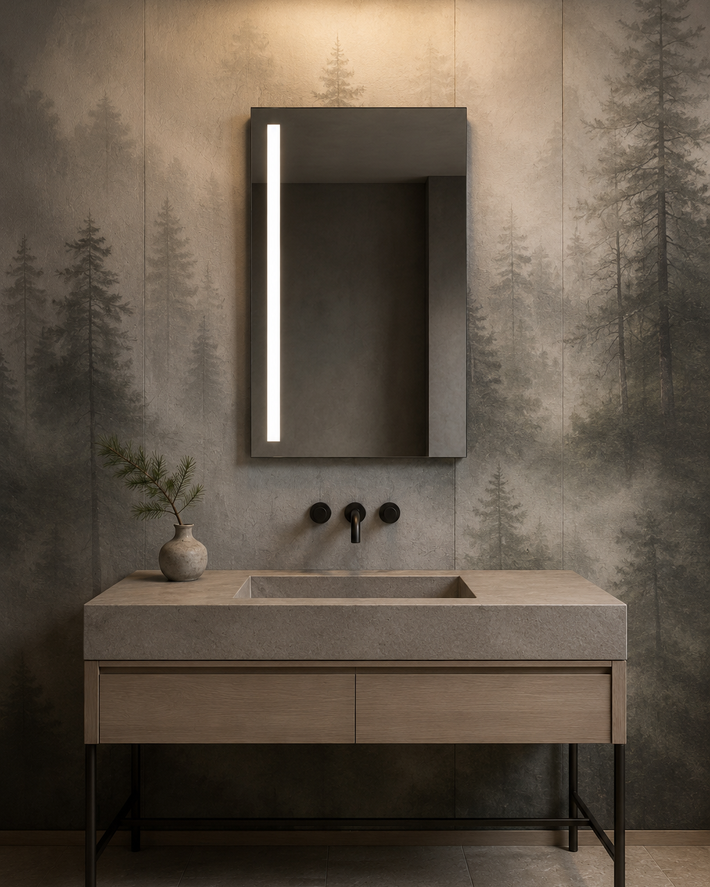Claris NORMA LED mirror, forest mural bath, Radiance Collection