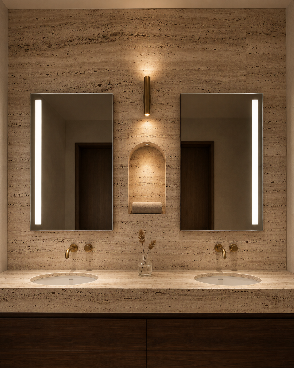 Claris NORMA LED mirror, vein-cut travertine bath, Radiance Collection