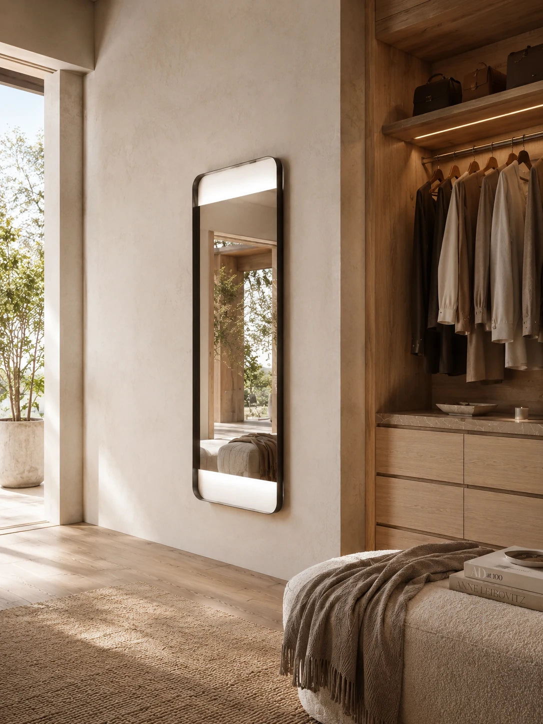 OPUS mirror in a home-living interior, portrait view, Art Collection. Claris Company.