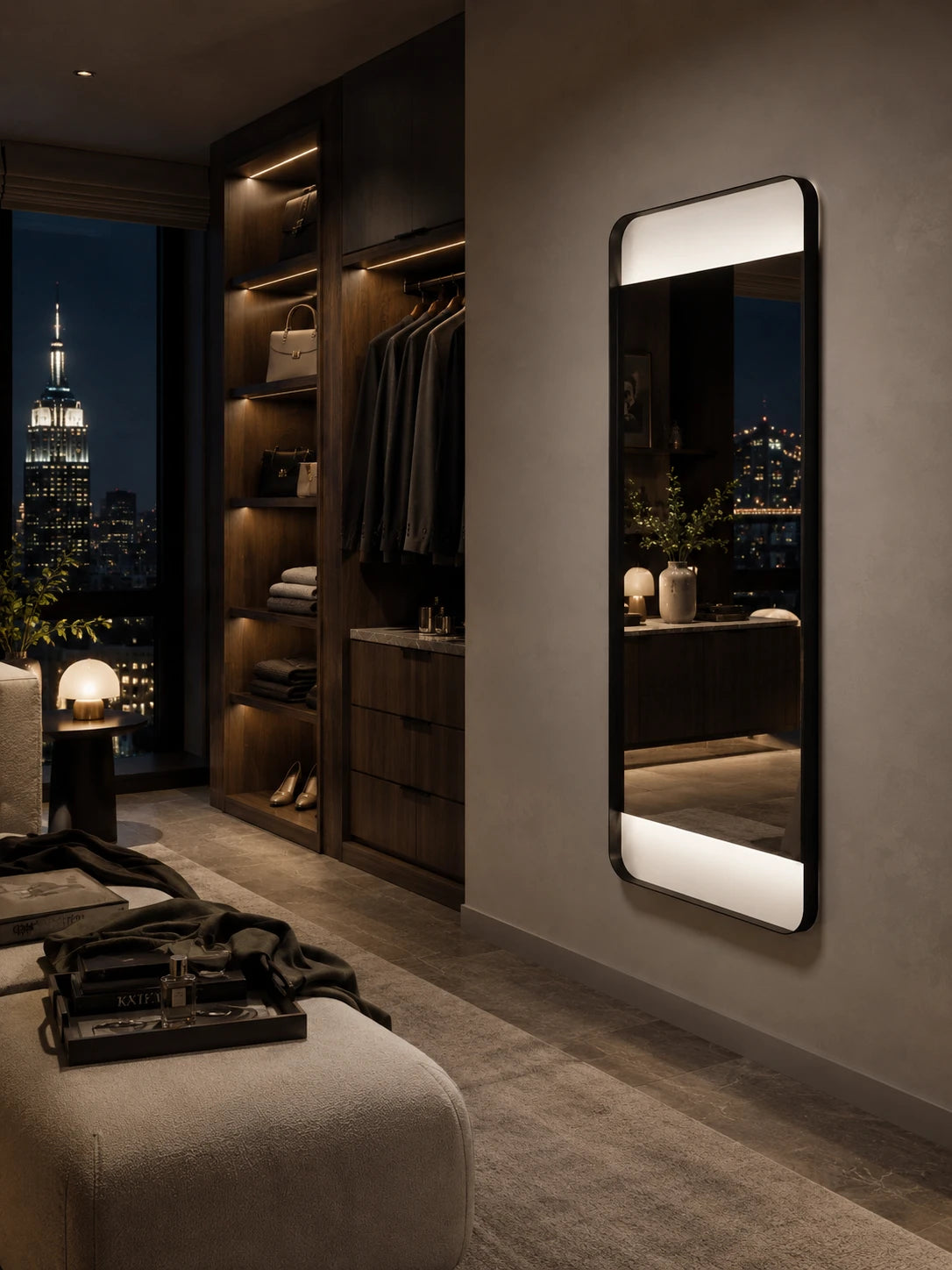 OPUS mirror in a home-living interior, portrait view, Art Collection. Claris Company.