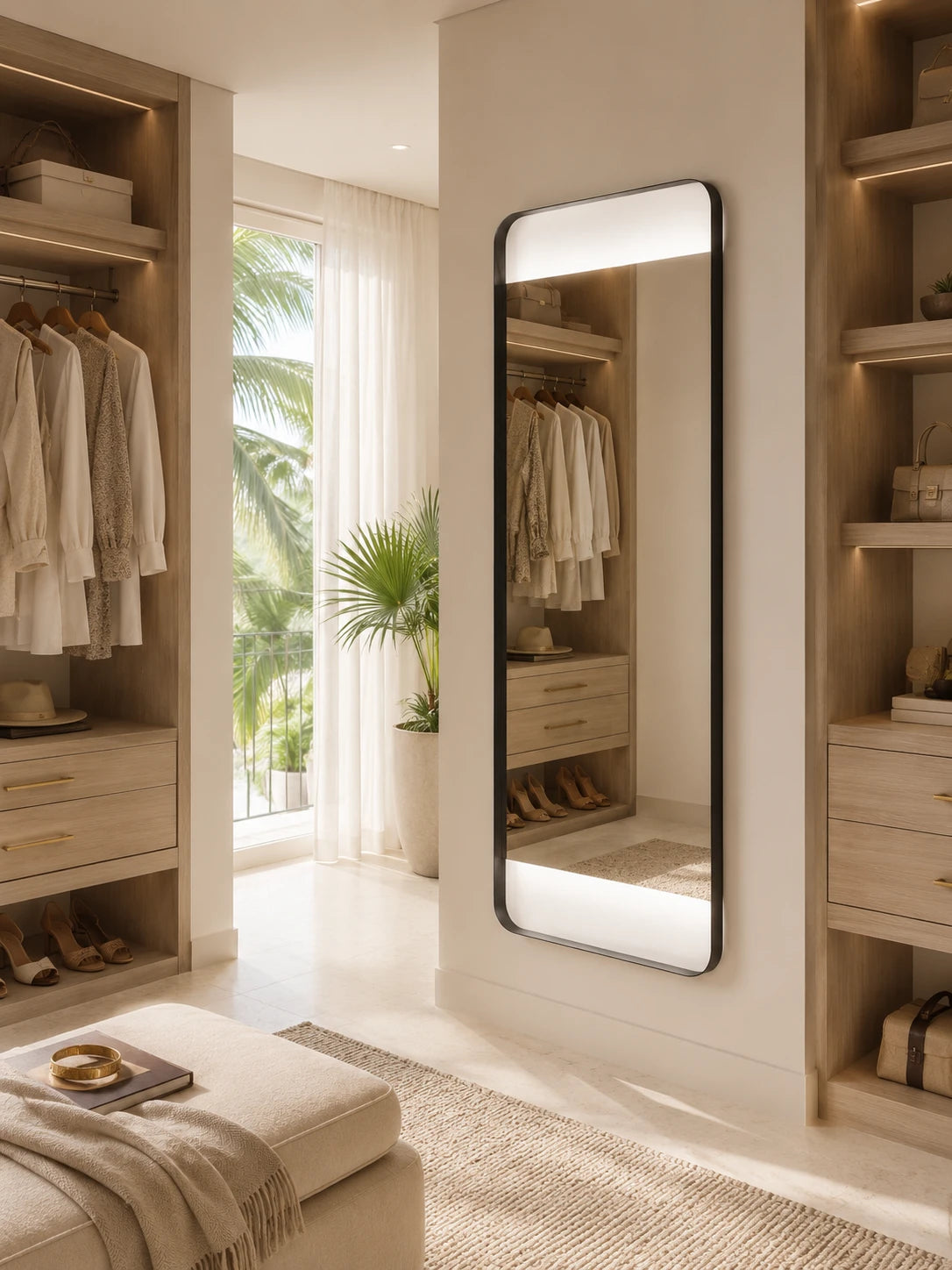 OPUS mirror in a home-living interior, portrait view, Art Collection. Claris Company.