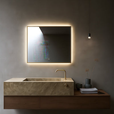 Modern bathroom setup with a sink, mirror, and decorative elements.