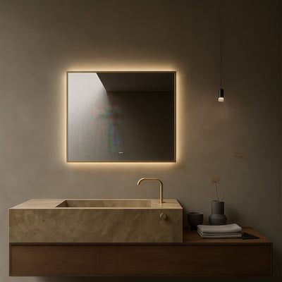 Bathroom vanity with illuminated mirror and decorative elements on a neutral wall.