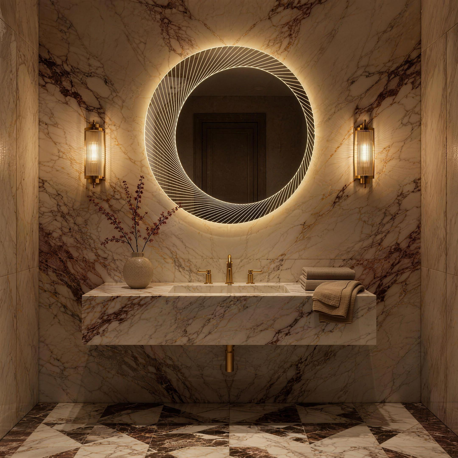 Claris ORSO LED mirror in a Calacatta Viola bathroom, Radiance Collection