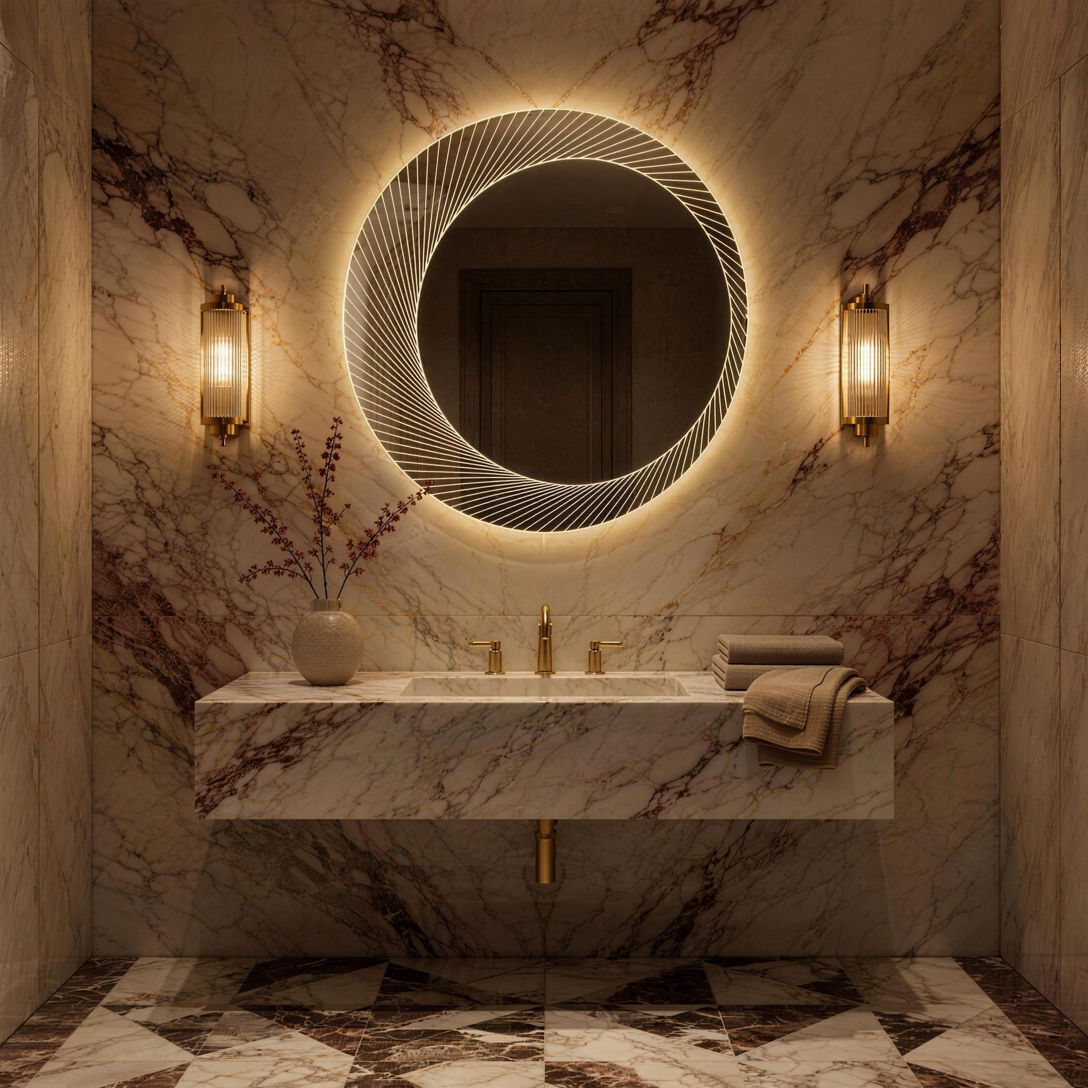 Claris ORSO LED mirror in a Calacatta Viola bathroom, Radiance Collection