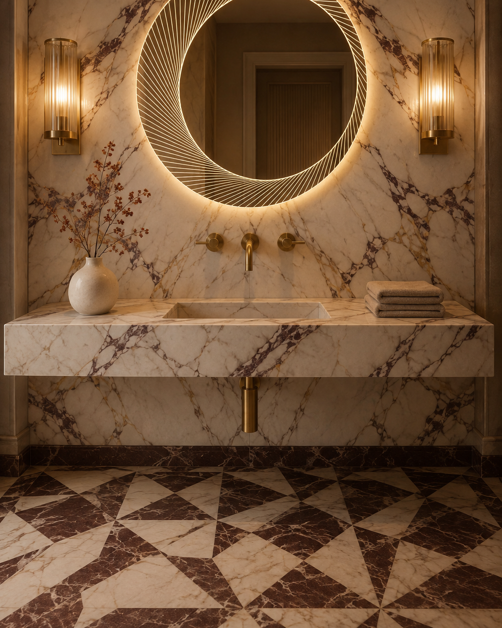 Claris ORSO LED mirror, Calacatta Viola bath, evening, Radiance Collection
