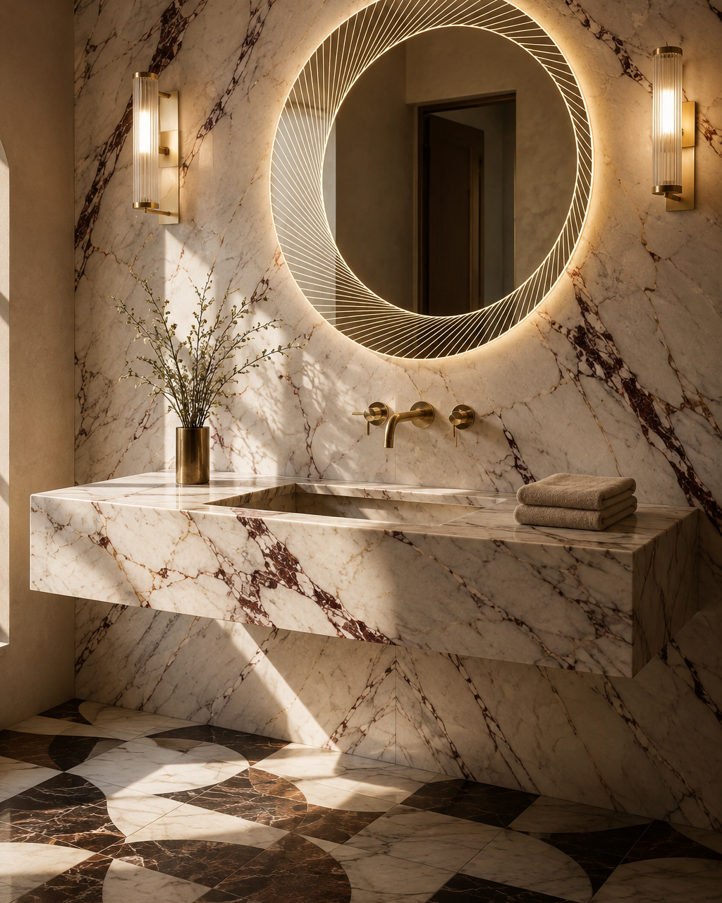 Claris ORSO LED mirror, Calacatta Viola bath, late afternoon, Radiance Collection