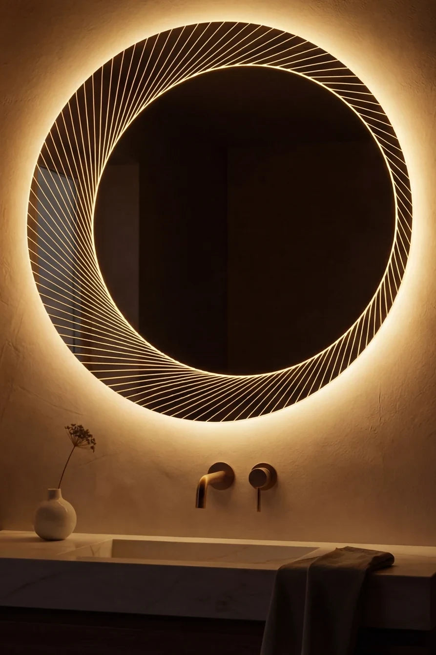 ORSO mirror in a bathroom, portrait view, Radiance Collection. Claris Company.