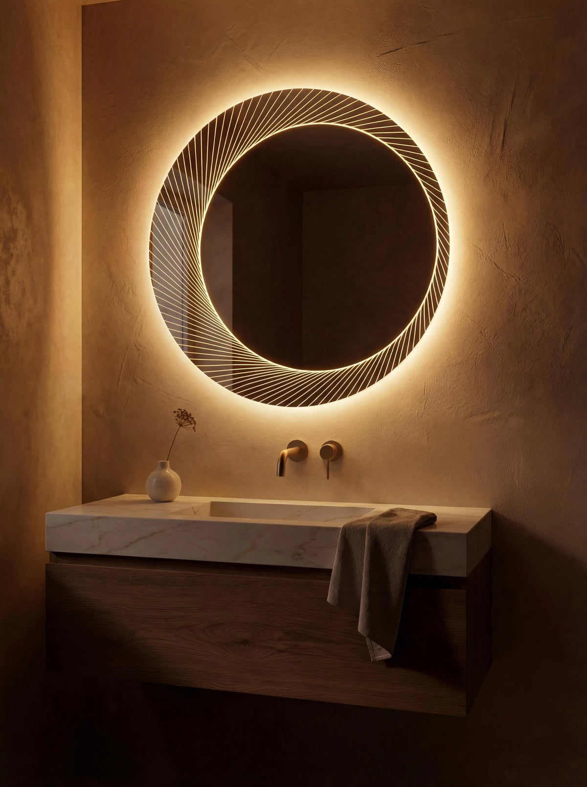 ORSO mirror in a bathroom, portrait view, Radiance Collection. Claris Company.