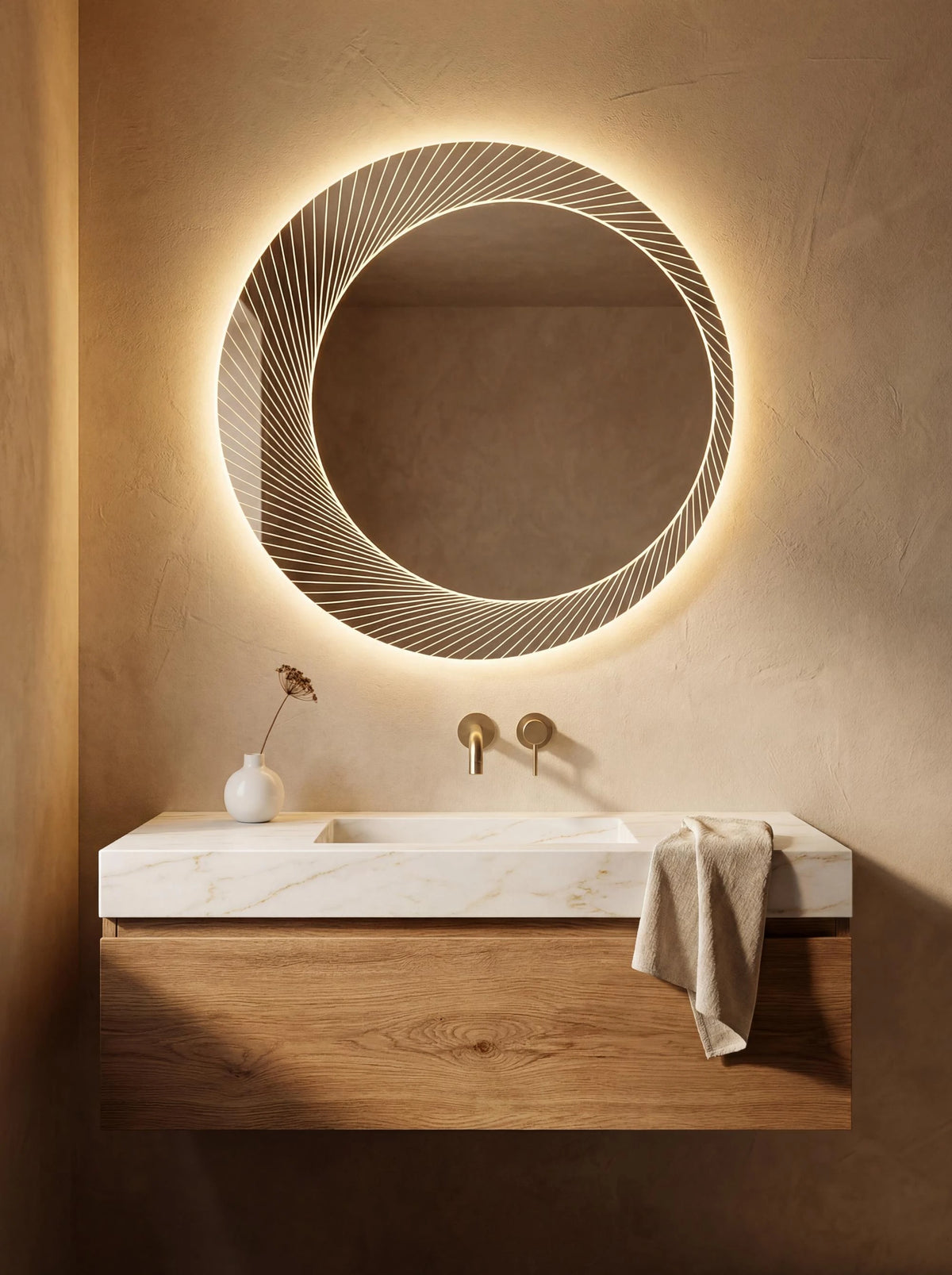 ORSO mirror in a bathroom, portrait view, Radiance Collection. Claris Company.