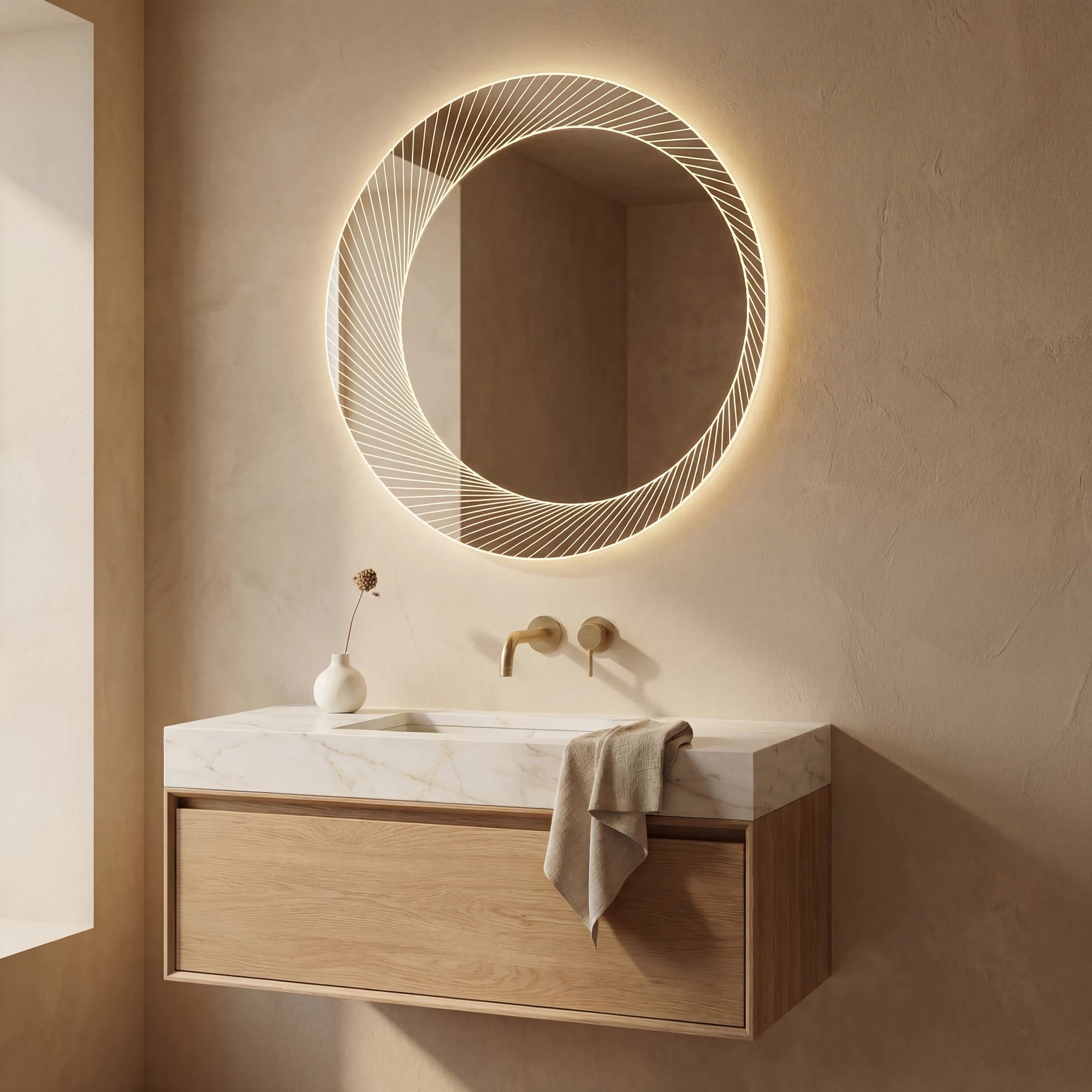 Claris ORSO 32 inch round backlit LED bathroom mirror, Radiance Collection