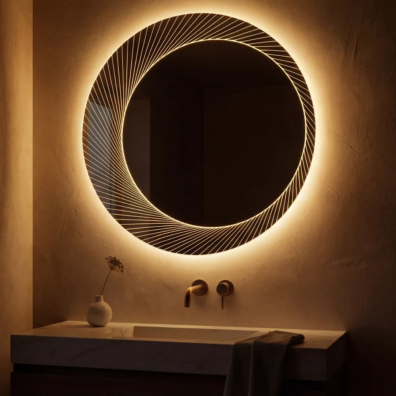 Claris ORSO 32 inch round backlit LED bathroom mirror, Radiance Collection