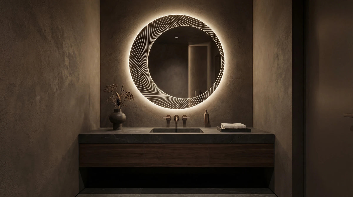 Claris ORSO backlit round mirror on a plaster wall, wide view
