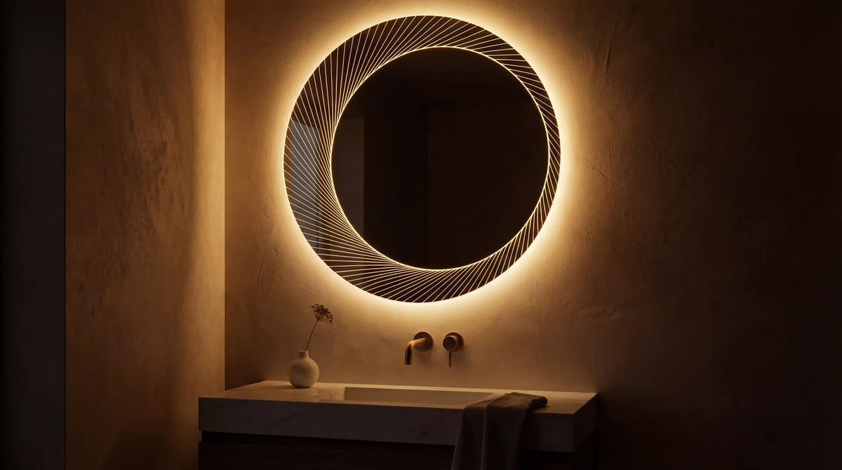 Claris ORSO backlit round mirror above a vanity in warm light, wide view