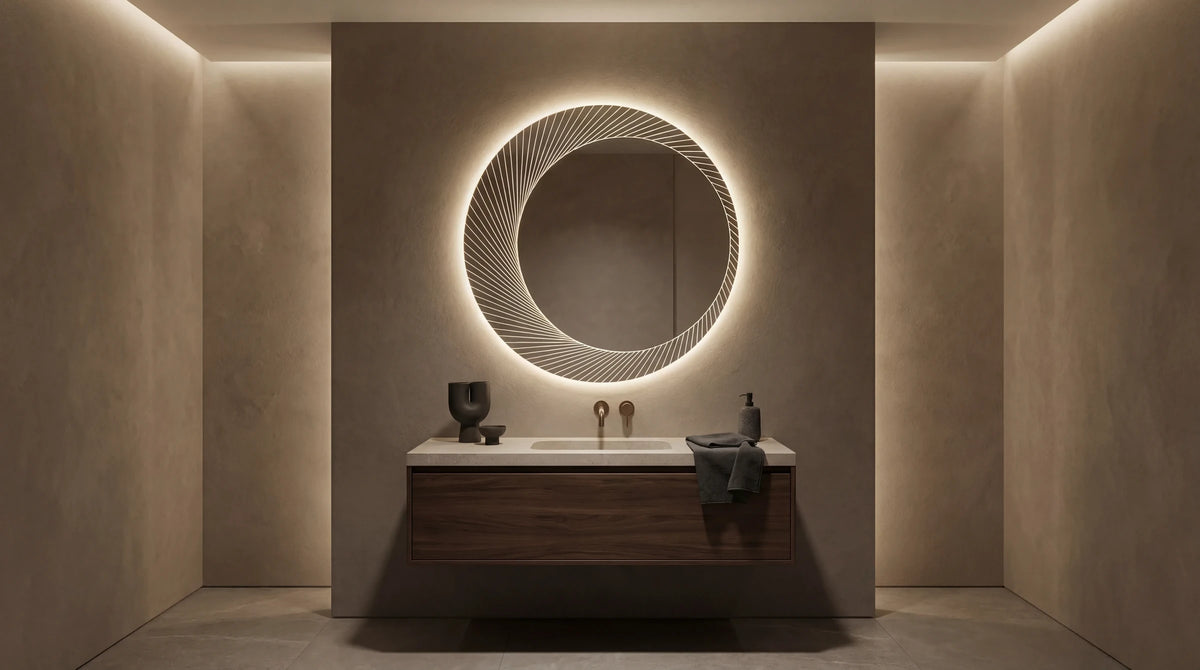Claris ORSO backlit round mirror above a vanity, wide view