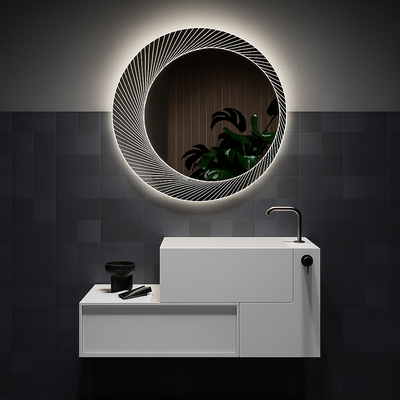 Modern bathroom with a round illuminated mirror above a white vanity.