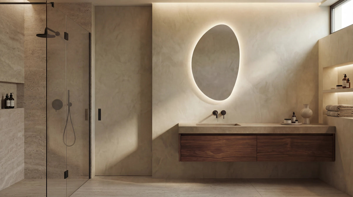 PEBBLE organic pebble-form mirror with frosted LED edge, residential lifestyle. Claris Company.