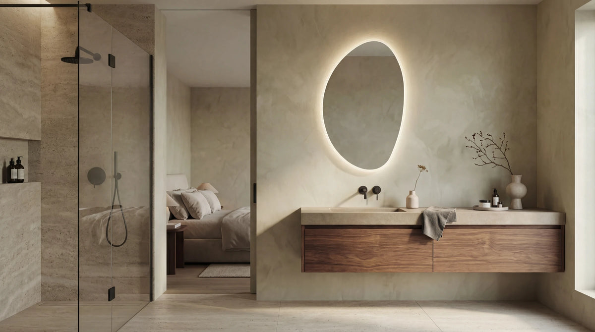 Claris PEBBLE mirror in an ensuite, wide view