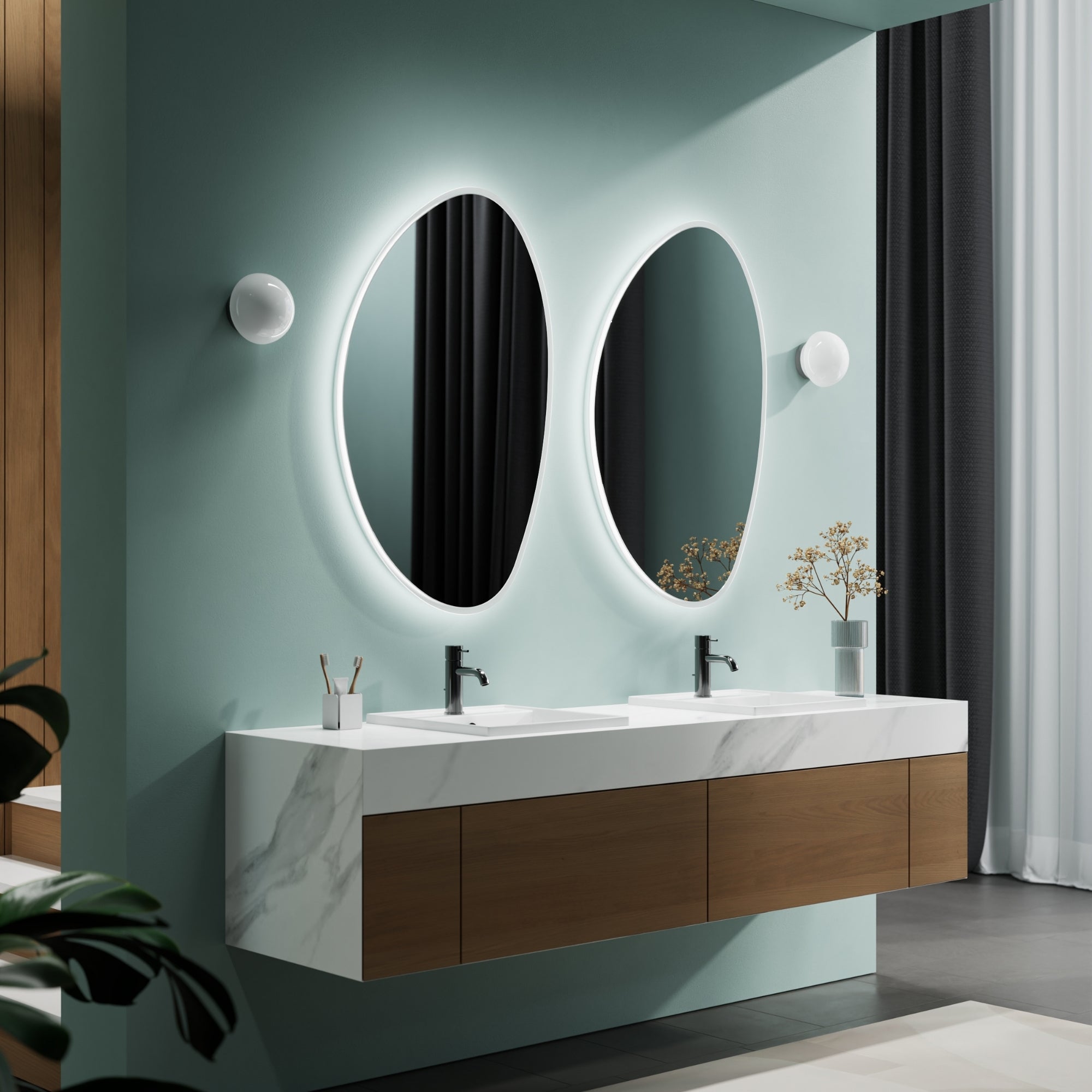 PEBBLE mirror with illuminated edges for soft ambient glow