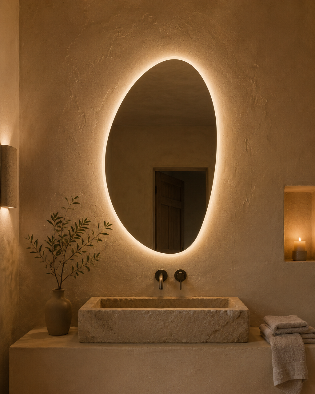 Claris PEBBLE LED mirror, lime plaster bath, evening, Terra Collection