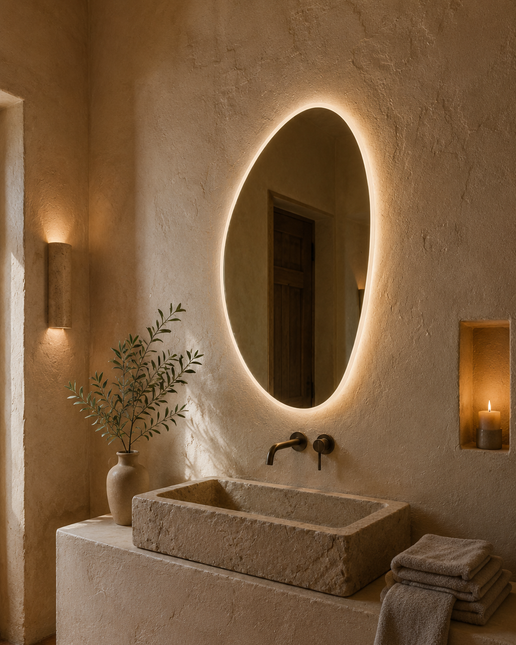 Claris PEBBLE LED mirror, lime plaster bath, late afternoon, Terra Collection