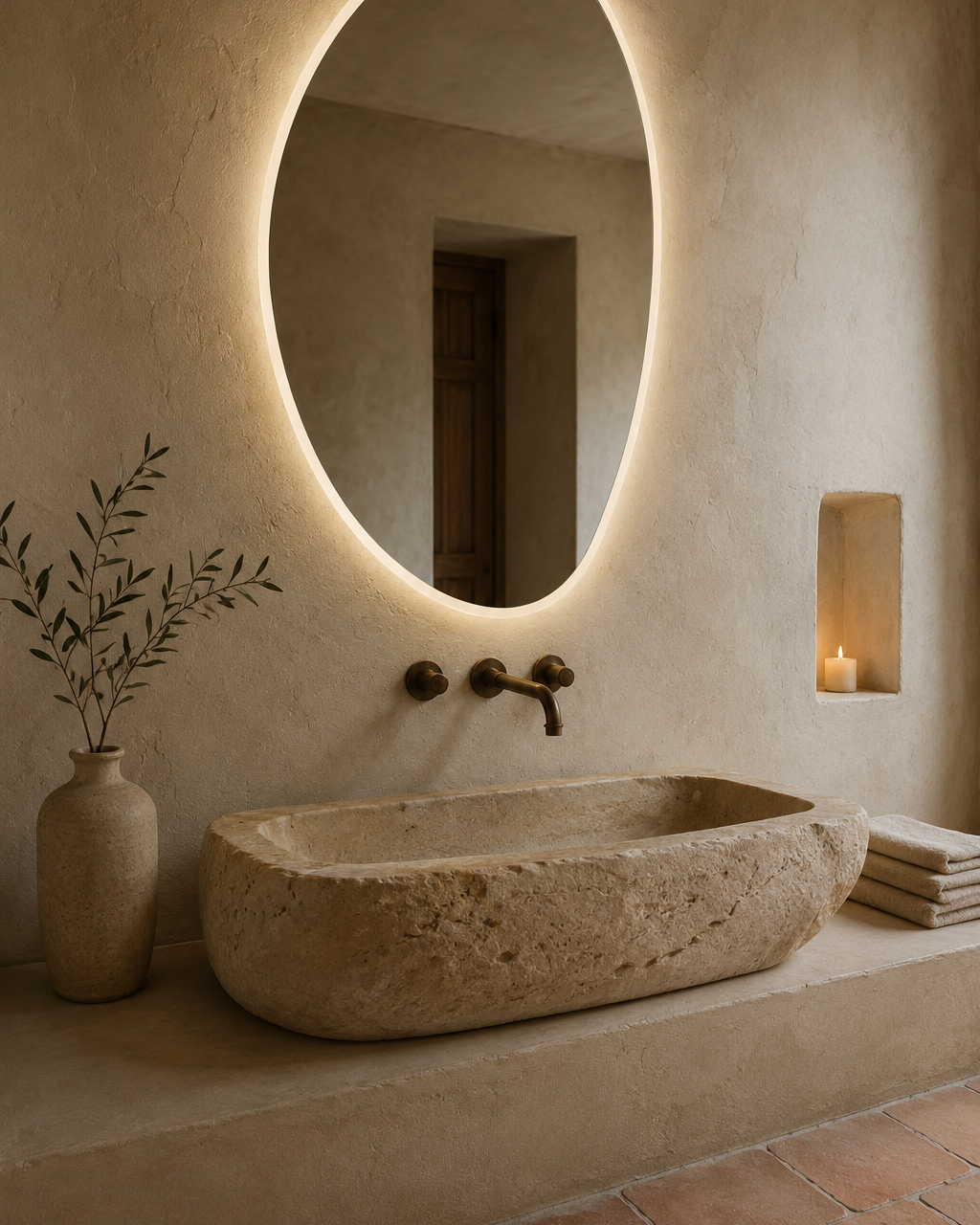 Claris PEBBLE LED mirror, lime plaster bath, morning detail, Terra Collection
