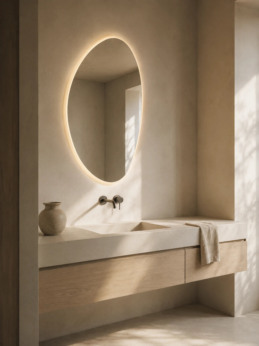 PEBBLE mirror in a bathroom, portrait view, Terra Collection. Claris Company.
