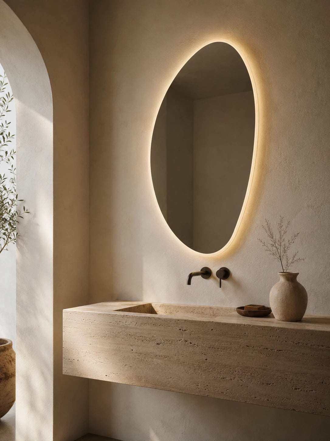 PEBBLE mirror in a bathroom, portrait view, Terra Collection. Claris Company.