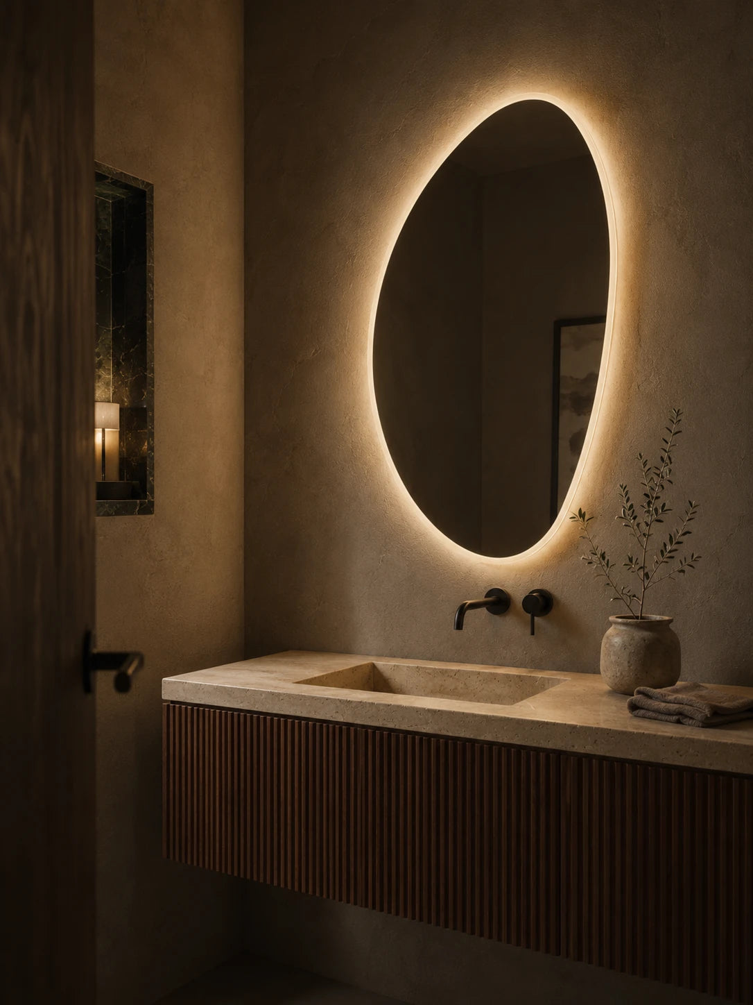 PEBBLE mirror in a bathroom, portrait view, Terra Collection. Claris Company.