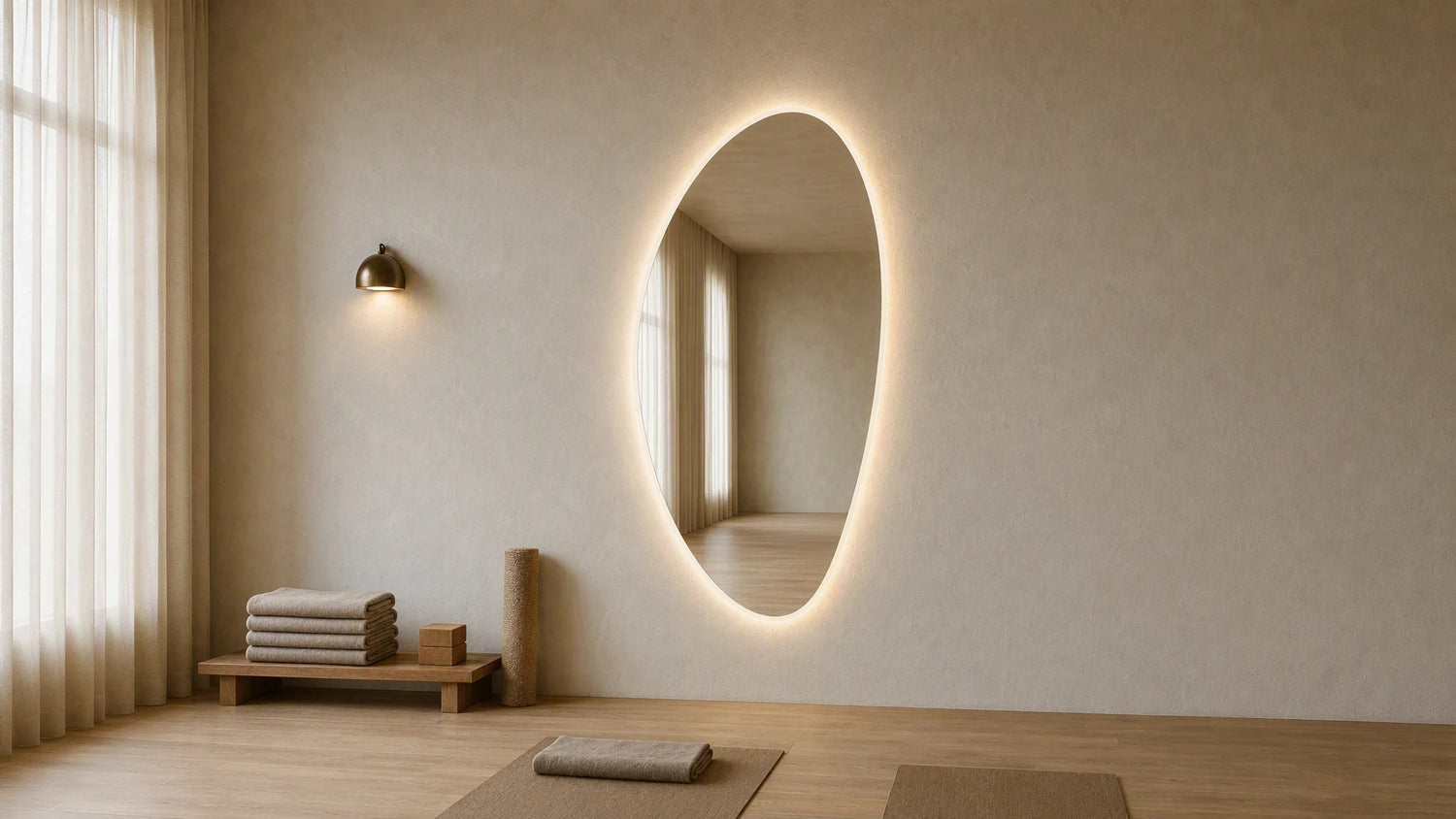 Claris PEBBLE STUDIO mirror in a studio interior, wide view, Studio Line