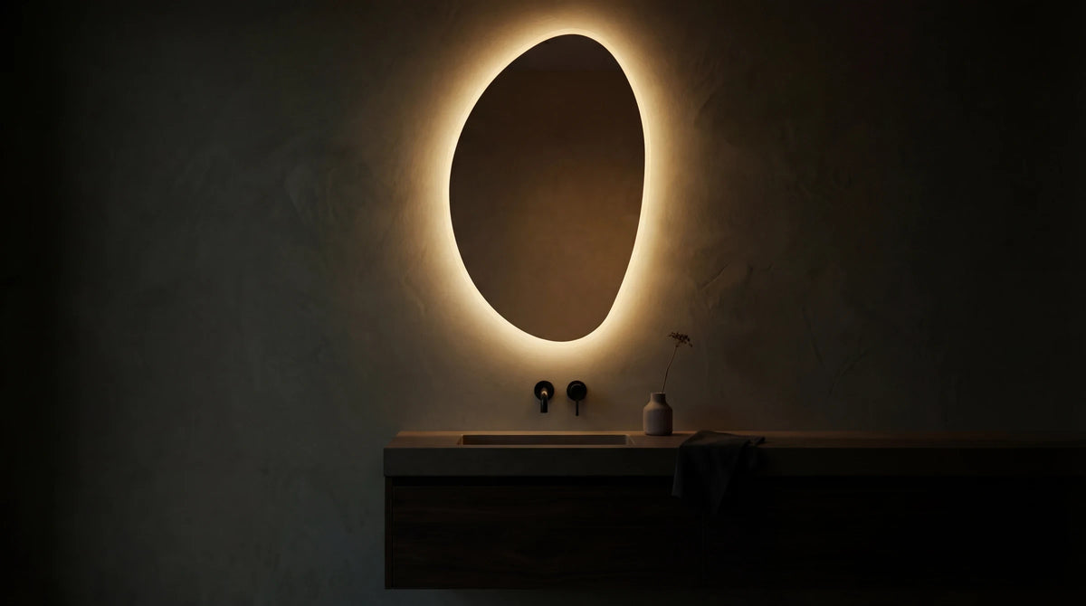 Claris PEBBLE mirror above a vanity on a dark plaster wall, wide view