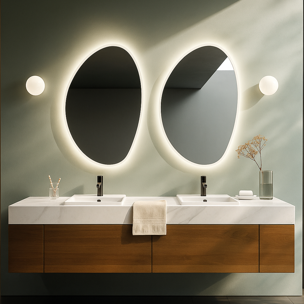 Bathroom vanity with double sink, wooden cabinets, and illuminated oval mirrors.