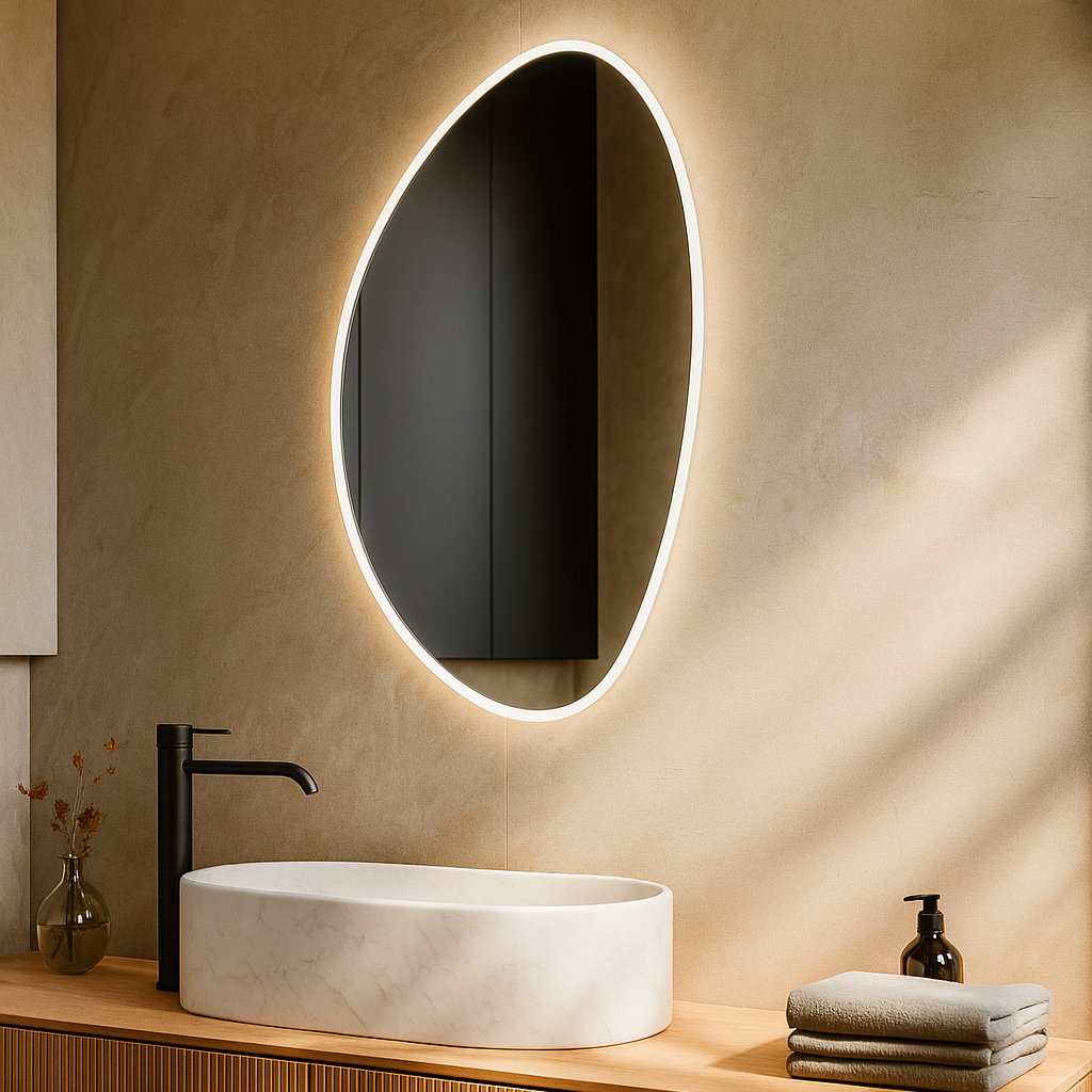 Bathroom vanity with a round illuminated mirror, marble sink, and wooden cabinet.