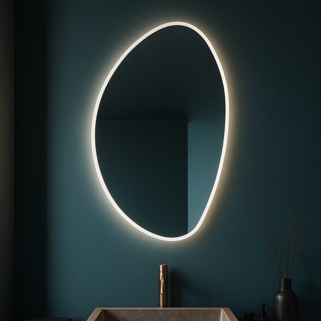 Bathroom vanity with a illuminated oval mirror and marble sink.