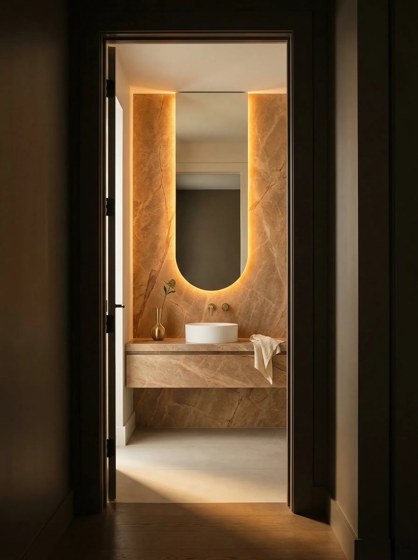 PULSE vertical mirror with bright white LED frame, residential bath portrait. Claris Company.