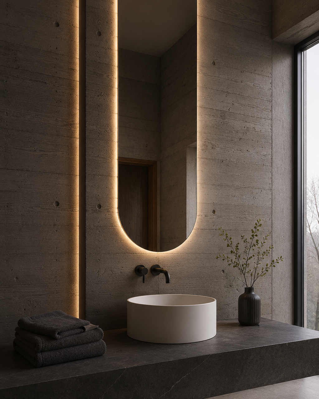 Claris PULSE LED mirror, cast concrete bath, morning, Radiance Collection