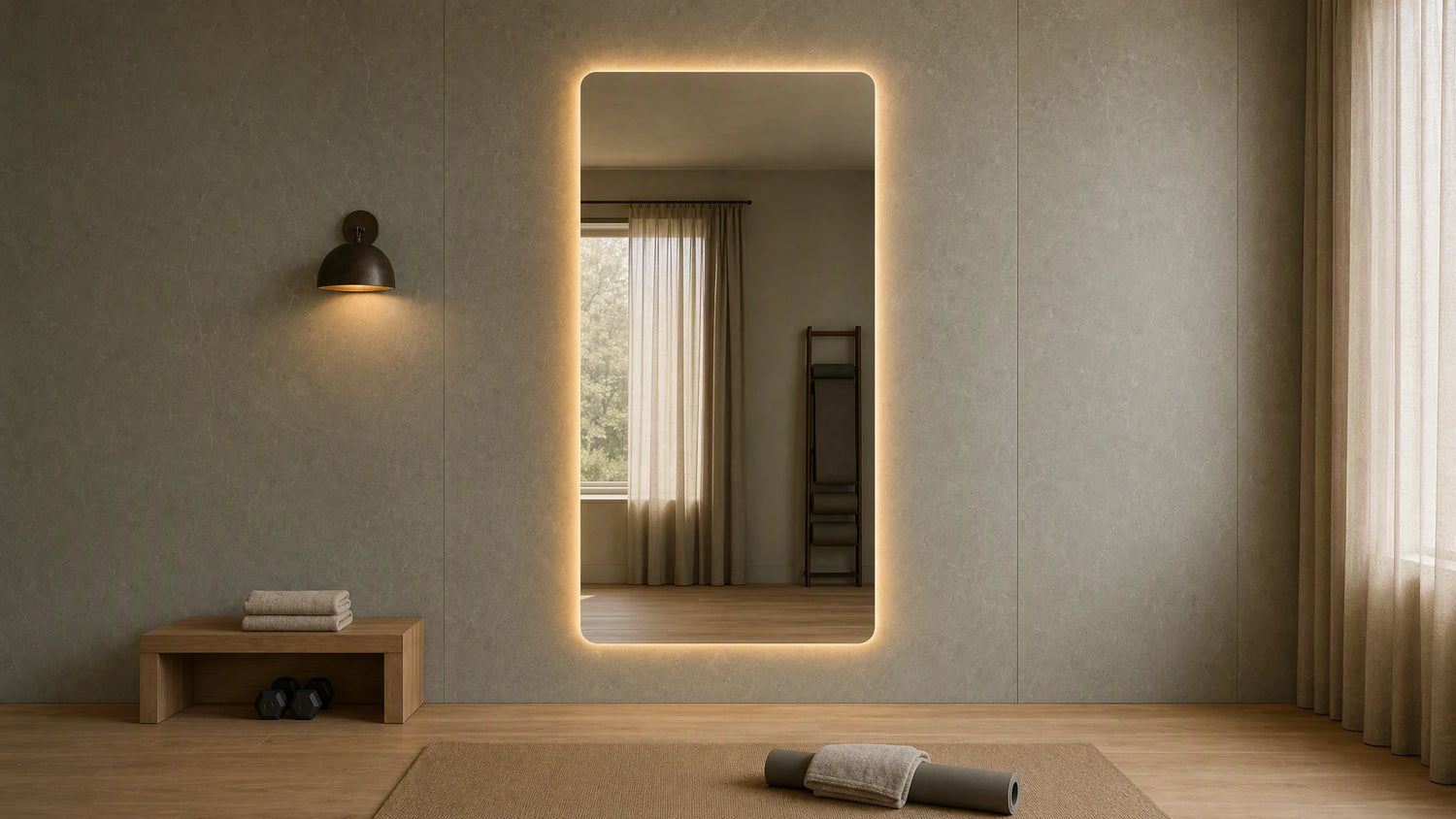 Claris SOUL STUDIO backlit mirror in a wellness studio, wide view, Studio Line