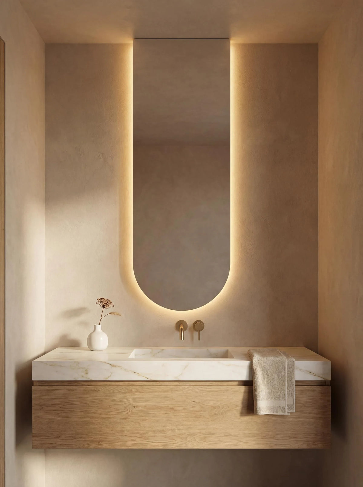 PULSE mirror in a bathroom, portrait view, Radiance Collection. Claris Company.