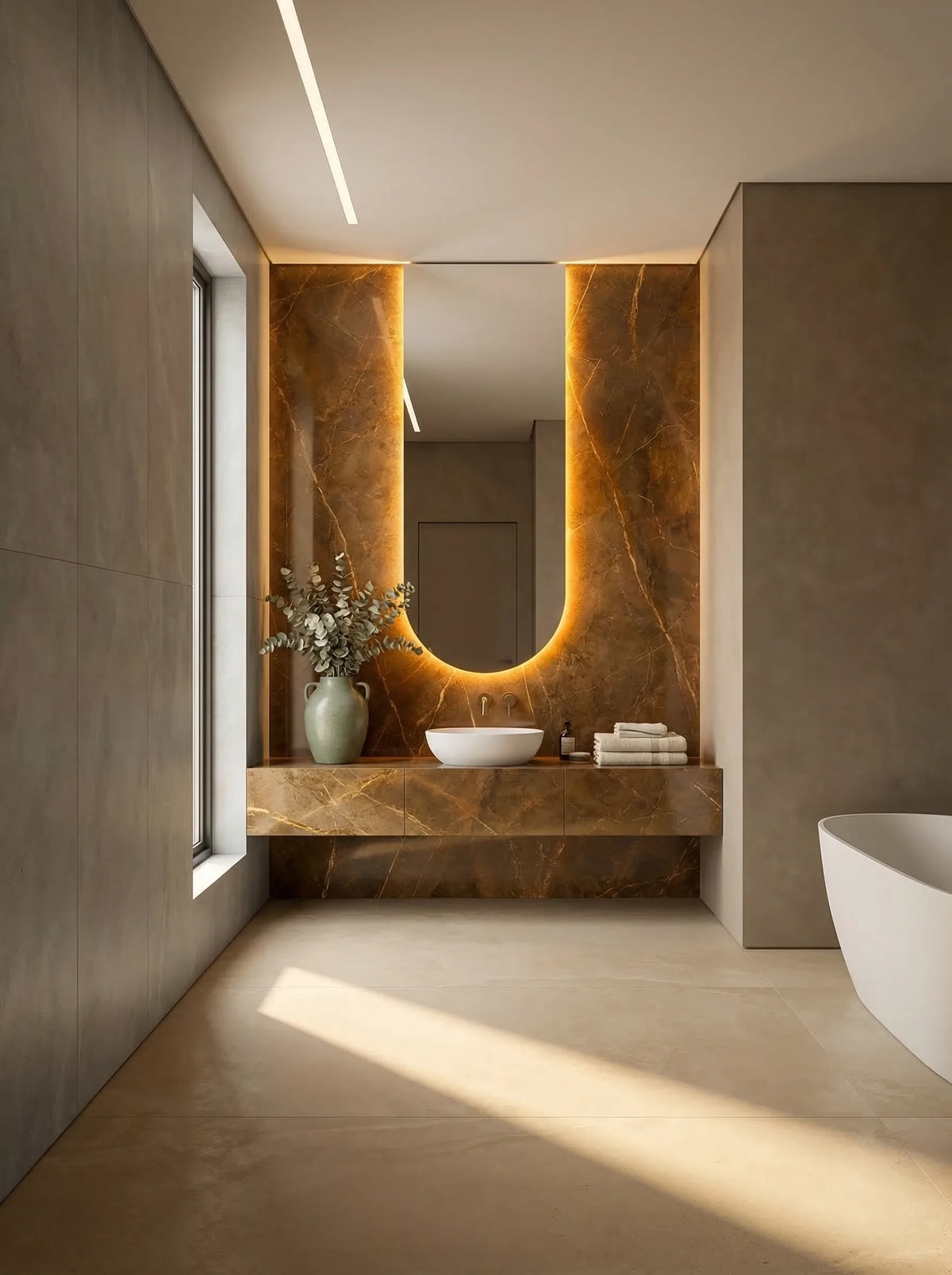 PULSE mirror in a bathroom, portrait view, Radiance Collection. Claris Company.