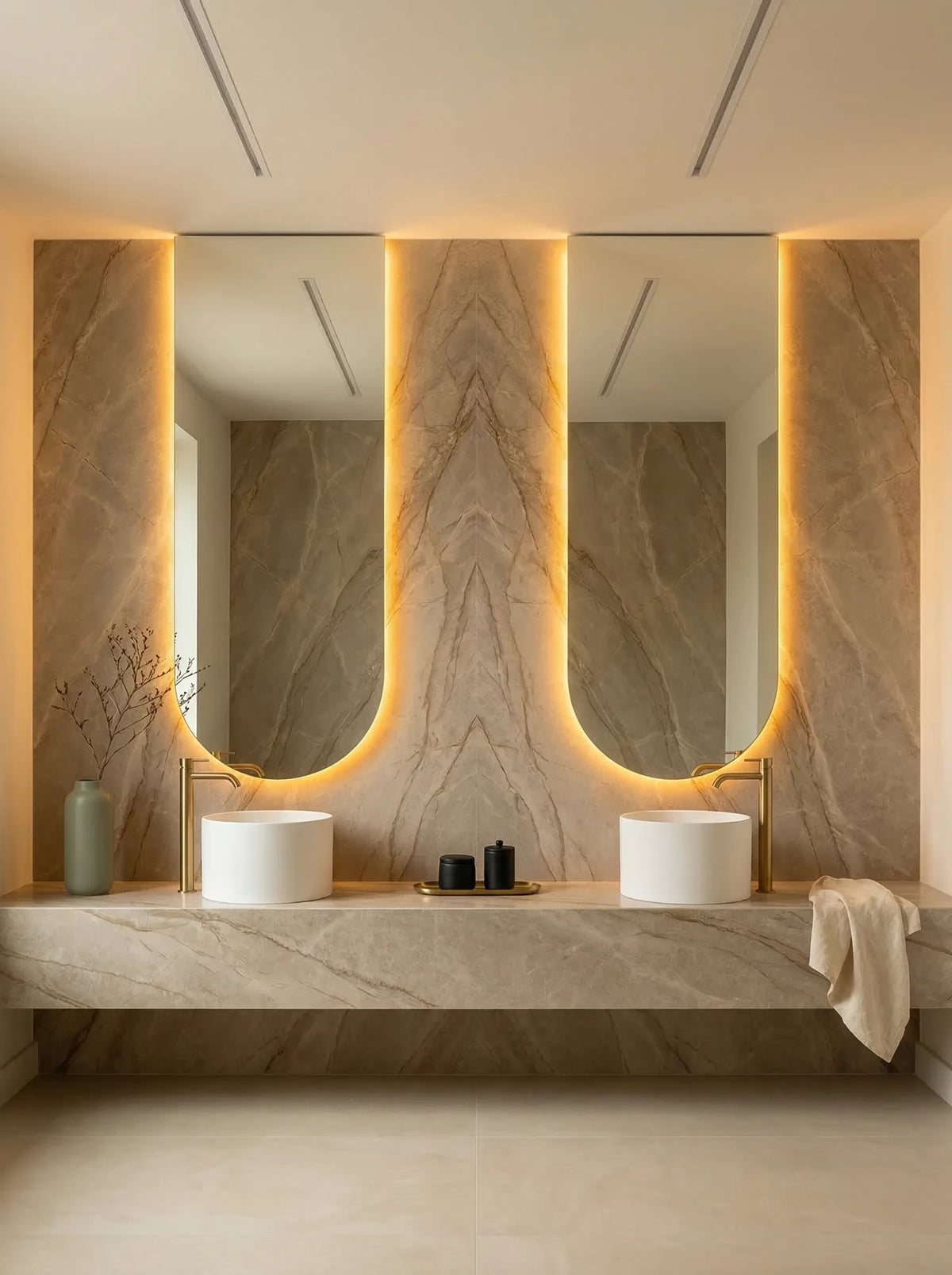 PULSE mirror in a bathroom, portrait view, Radiance Collection. Claris Company.