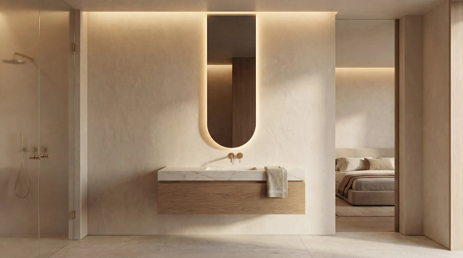Claris PULSE backlit mirror in a vanity niche, wide view