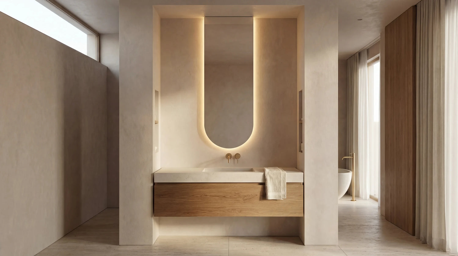 Claris PULSE backlit mirror above a vanity, wide view