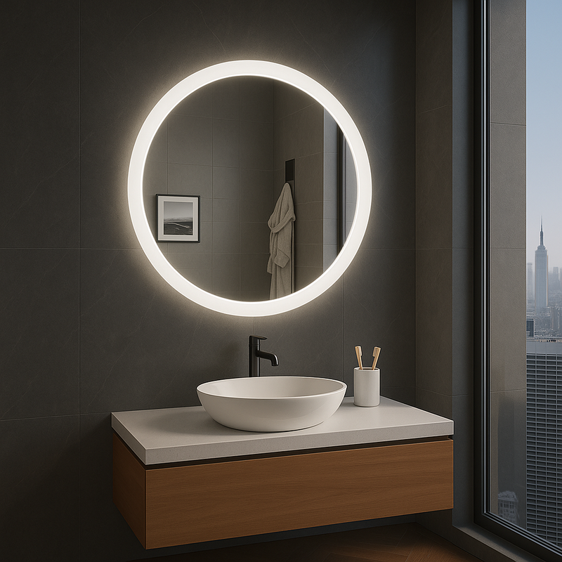 Sensa circular LED bathroom mirror with halo lighting. Claris Company.