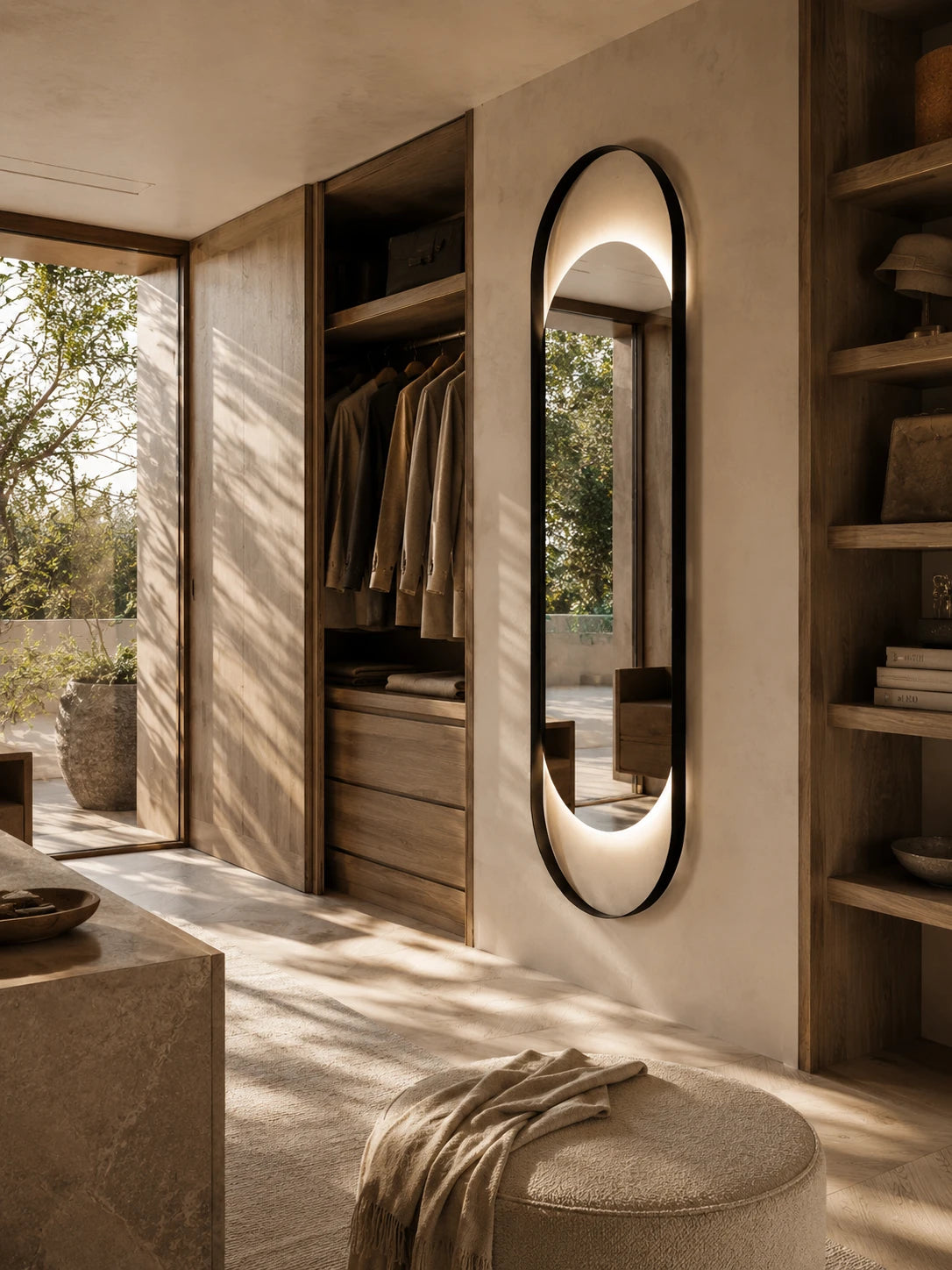 SOLARA mirror in a home-living interior, portrait view, Art Collection. Claris Company.